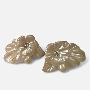 Vintage Faux Pearl Celluloid Molded Flower Clip Earrings Rhinestone Bridgerton